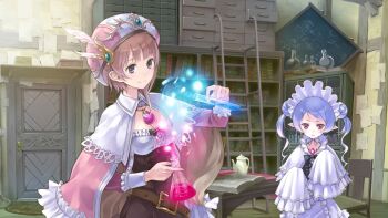 2girls :o alchemy atelier_(series) atelier_rorona belt blue_eyes blue_hair book bookshelf breasts brown_hair capelet chair cleavage closed_mouth door double_bun flask glowing hair_bun hat holding holding_flask hom_(atelier) indoors jewelry kishida_mel ladder liquid long_hair long_sleeves maid_headdress multiple_girls necklace official_art open_book open_mouth paper pointy_ears rorolina_frixell short_hair sleeves_past_fingers sleeves_past_wrists small_breasts smile standing table teapot twintails white_capelet