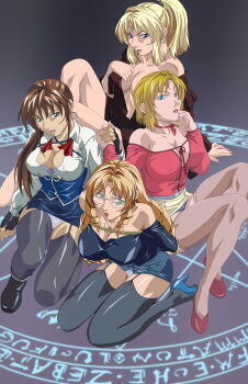 4girls absurdres bible_black blonde_hair blue_eyes bound bound_arms bra breasts brown_hair cleavage cloak dress earrings glasses gloves green_eyes hand_grab high_heels highres imari_kurumi jewelry kitami_reika large_breasts lipstick makeup miniskirt multiple_girls panties pantyhose rope saeki_kaori shin_bible_black shiraki_rika shoes skirt string underwear upskirt witch