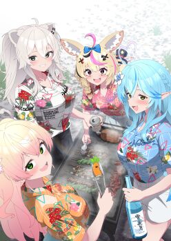 4girls absurdres ahoge alternate_costume animal_ears black_shorts black_streaks blonde_hair blue_hair blue_shirt blush bottle braid breasts can cooking crossed_bangs day elf fang flower food fox_ears fox_girl from_above gradient_hair green_eyes grey_eyes grey_hair grill grilling grin hair_ornament hair_over_shoulder heart heart_ahoge highres holding holding_bottle holding_can holding_tongs hololive lion_ears lion_girl lion_tail long_hair looking_at_viewer meat momosuzu_nene multicolored_hair multiple_girls nekko_(momosuzu_nene) nepolabo official_alternate_costume omaru_polka open_mouth orange_shirt outdoors pink_hair pink_shirt pink_streaks pointy_ears porco_j sake_bottle shirt shishiro_botan shorts side_braid single_braid skewer smile ssrb_(shishiro_botan) streaked_hair tail tongs two_side_up virtual_youtuber white_shirt white_shorts yukihana_lamy yukimin_(yukihana_lamy) zain_(omaru_polka)