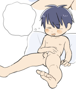 1boy aba_oji blush drooling feet male_focus nude original penis pillow shota sleeping solo white_background