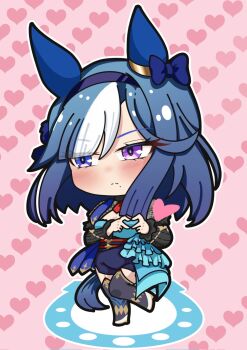 1girl admire_groove_(umamusume) animal_ears black_thighhighs blue_dress blue_eyes blue_hair blue_shorts blush bow breasts chibi cleavage_cutout closed_mouth clothing_cutout detached_sleeves dress ear_bow ear_covers four-finger_heart_hands hairband heart heart_hands heterochromia highres horse_ears horse_girl horse_tail kiri_kiri long_hair mole mole_under_mouth multicolored_hair necktie purple_eyes red_necktie short_necktie short_sleeves shorts solo streaked_hair tail thighhighs umamusume white_hair white_streaks