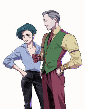 Rule 34 | 1boy, 1girl, age difference, animification, black pants, blue shirt, bracelet, collared shirt, commentary, cowboy shot, dragon age, emmrich volkarin, english commentary, facial hair, green hair, green vest, grey hair, highres, jewelry, mature male, mustache, necktie, nicca (nicca11y), pants, pencil mustache, pixie cut, pocket watch, purple necktie, purple pants, ring, rook (dragon age), scar, scar on face, shirt, short hair, vest, watch, white background, yellow eyes