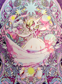 absurdres closed_eyes closed_mouth commentary dress english_commentary evolutionary_line flower gardevoir gen_3_pokemon highres kazama_raita kirlia leaf mega_gardevoir mega_pokemon nintendo official_art pink_eyes poke_ball_symbol pokemon pokemon_(creature) pokemon_focus pokemon_tcg ralts smile star_(symbol) textless_version third-party_source white_dress