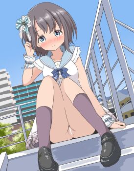 Rule 34 | 1girl, absurdres, aqua bow, aqua eyes, aqua ribbon, arm at side, bar censor, bare legs, black shoes, blue bow, blue bowtie, blue sailor collar, blue sky, blush, bow, bowtie, buckle, building, censored, closed mouth, commentary request, day, dot nose, dutch angle, frilled sleeves, frilled wrist cuffs, frills, full body, grey hair, grey skirt, grey socks, hair bow, hand in own hair, hand up, highres, idolmaster, idolmaster cinderella girls, kneehighs, medium hair, miniskirt, no panties, nose blush, ohana. (user jhpk8322), otokura yuuki, outdoors, plaid clothes, plaid skirt, pussy, railing, ribbon, sailor collar, shirt, shoe buckle, shoes, sitting, skirt, sky, smile, socks, solo, split mouth, stairs, thighs, variant set, white shirt, white wrist cuffs, wispy bangs, wrist cuffs, wrist ribbon