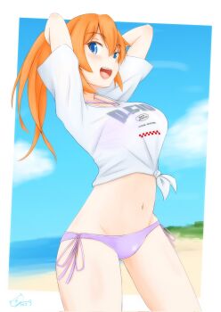 Rule 34 | 1girl, arms behind head, beach, bikini, blue eyes, blush, breasts, charlotte e. yeager, cloud, commentary request, feet out of frame, highres, kukoroko, large breasts, long hair, looking at viewer, navel, open mouth, orange hair, outdoors, purple bikini, sand, shirt, sleeveless, solo, standing, strike witches, swimsuit, teeth, upper teeth only, water, white shirt, world witches series