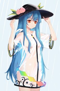 1girl black_hat blue_hair breasts chunjiu convenient_censoring hat highres hinanawi_tenshi looking_down medium_breasts naked_raincoat peach_hat_ornament rain raincoat red_eyes see-through_clothes see-through_raincoat solo touhou
