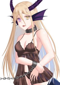 Rule 34 | 1girl, absurdres, babydoll, black babydoll, black panties, blonde hair, breasts, character request, cleavage, dragon girl, eclipse (njnr3787), heterochromia, highres, panties, puzzle &amp; dragons, underwear