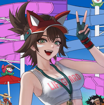 1girl 2boys black_gloves blowing_whistle brown_eyes cassidy_(overwatch) cropped_torso eruthu fang fingerless_gloves gloves hair_between_eyes hat highres kiriko_(overwatch) lifeguard lifeguard_cassidy lifeguard_kiriko looking_at_viewer mauga_(overwatch) multiple_boys official_alternate_costume open_mouth overwatch overwatch_2 pachimari red_hat visor_cap whistle