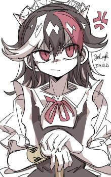 1girl :/ anger_vein black_hair bracelet closed_mouth commentary dated ichirugi jewelry kijin_seija looking_at_viewer maid maid_headdress medium_hair multicolored_hair red_eyes red_hair simple_background solo streaked_hair touhou twitter_username upper_body v-shaped_eyebrows white_background white_hair