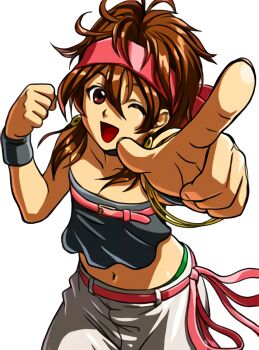1girl artist_request bare_arms bare_shoulders black_choker bow bracelet brown_hair chest_belt choker collarbone cowboy_shot earrings fingernails game_cg gold_bracelet gold_earrings happy jewelry looking_at_viewer messy_hair midriff navel one_eye_closed pants snk_vs_capcom:_card_fighters_ds the_king_of_fighters tongue white_background white_pants