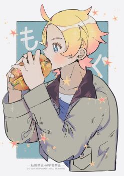 1boy arms_up blonde_hair blue_eyes blue_shirt burger collarbone commentary_request crew_neck cropped_torso eating food from_side gradient_hair grey_jacket highres holding holding_burger holding_food jacket long_sleeves male_focus multicolored_hair nintendo pam0y0 pink_hair pokemon pokemon_legends:_z-a shirt solo urbain_(pokemon) watermark