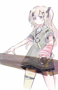 1girl bang_dream!_our_notes black_ribbon black_skirt brown_hair commentary grey_shirt hair_ornament hair_ribbon hairclip highres long_hair purple_eyes red_arm_warmers ribbon shinomiya_shizuku shirt short_sleeves simple_background single_thighhigh skirt solo thigh_strap thighhighs tomare_(akashingou) two_side_up white_background yellow_thighhighs