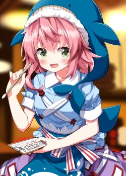 1girl :d blue_hat blue_shirt blurry blurry_background blush calligraphy_brush clipboard commentary_request cowboy_shot green_eyes hand_up hat highres holding holding_calligraphy_brush holding_clipboard holding_paintbrush looking_at_viewer medium_hair note okunoda_miyoi open_mouth paintbrush paper pink_hair purple_skirt ruu_(tksymkw) shirt short_sleeves skirt smile solo standing touhou