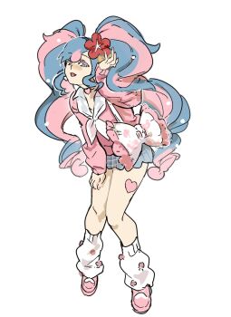 1girl :d blue_hair blue_skirt bow-shaped_bag cardigan choker fairy_miku_(project_voltage) flower full_body hair_flower hair_ornament hatsune_miku heart heart_choker highres huan1034097 leg_warmers long_hair looking_at_viewer miniskirt multicolored_hair neckerchief nintendo open_mouth pink_cardigan pink_choker pink_hair pink_nails pink_shoes pink_sweater pokemon project_voltage red_flower shoes simple_background skirt smile solo standing sweater twintails two-tone_hair vocaloid white_background white_leg_warmers white_neckerchief