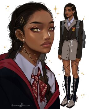 Rule 34 | 1girl, aegyo sal, black coat, blazer, boots, bow, bowtie, braid, brown hair, brown jacket, button up skirt, coat, collared shirt, colored lapels, cord choker, cropped jacket, dark-skinned female, dark skin, ear piercing, earrings, eyelashes, eyeliner, fashion, forehead, four-pointed star, full body, gold buttons, gryffindor, hair ornament, hairpin, high heel boots, high heels, highres, hogwarts school uniform, hood, hooded coat, jacket, jewelry, knee boots, lapels, long hair, looking at viewer, low twin braids, makeup, mole, mole on forehead, mole on neck, multicolored boots, multiple views, orange eyeliner, original, parted bangs, parted lips, pearl earrings, piercing, red bow, red bowtie, ring, school uniform, shirt, standing, striped bow, striped bowtie, striped clothes, thick eyebrows, thick lips, twin braids, twitter username, two-tone boots, upper body, white background, white shirt, yellow eyes, zeebythesea