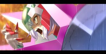 1girl angry armor assault_visor clawed_gauntlets close-up constricted_pupils crack damaged from_side grey_hair hair_between_eyes helmet highres nefushutan_no_yoroi nyanmaru open_mouth purple_eyes scene_reference senki_zesshou_symphogear shouting solo tsurime yukine_chris