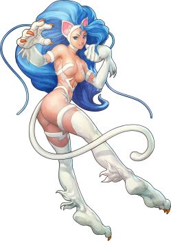 1girl :d absurdres ahoge animal_ears animal_hands aqua_eyes armpits ass barefoot big_hair blue_eyes blue_hair breasts capcom cat cat_ears cat_girl cat_paws cat_tail claws clenched_hand closed_mouth darkstalkers fang fang_out feet felicia_(darkstalkers) fighting_stance foreshortening from_side full_body highres huge_ahoge jumping kneepits large_hands legs light_smile long_hair looking_at_viewer looking_back medium_breasts monster_girl nude official_art open_hand open_mouth paw_pose smile soles solo stanley_lau tail thighs toned toned_female transparent_background twisted_torso vampire_resurrection very_long_hair wavy_hair white_cat white_fur