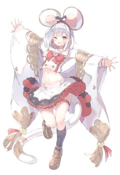 Rule 34 | 1girl, absurdres, animal ears, black bow, black socks, blush, bow, bowtie, brooch, buttons, collared shirt, crop top, double-breasted, dress, fake animal ears, frilled skirt, frills, full body, granblue fantasy, groin, hair ornament, hairclip, heart, heart brooch, highres, jewelry, kneehighs, layered dress, leg up, loafers, long sleeves, looking at viewer, midriff, miniskirt, mouse ears, navel, one eye closed, open mouth, outstretched arms, red bow, red bowtie, red eyes, shirt, shoes, short hair, skirt, socks, solo, spread arms, standing, standing on one leg, stomach, tail, thigh strap, ukiwakisen, vikala (granblue fantasy), white hair, white shirt, white skirt, wide sleeves