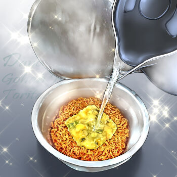 bowl commentary_request food food_focus highres instant_noodles instant_ramen kettle kurumiri_ryo no_humans noodles original pouring water