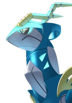 absurdres aqua_eyes black_sclera closed_mouth colored_sclera commentary_request from_side highres horns iron_crown ki_no_maru nintendo no_humans non-humanoid_robot pixel_eyes pokemon pokemon_(creature) pokemon_focus robot robot_animal simple_background solo white_background