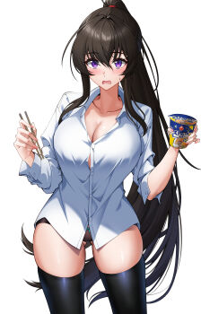 1girl absurdres black_hair black_panties black_thighhighs blush breasts button_gap buttons chopsticks cleavage collarbone collared_shirt commentary_request counter:side cup disposable_cup elze_(s01047480836) hair_between_eyes hands_up highres holding holding_chopsticks holding_cup instant_cup_noodles korean_commentary large_breasts long_hair long_sleeves looking_at_viewer nail_polish no_pants open_mouth panties peanut_mouth pink_nails ponytail purple_eyes shirt sidelocks simple_background solo standing sweatdrop thighhighs thighs underwear very_long_hair white_background yoo_mina