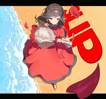 1girl akane_(iyowa) barancheungba beach black_border border bouquet brown_eyes brown_hair buttons closed_mouth collared_dress dress expressionless floating_hair flower from_above hairband hashtag-only_commentary highres holding holding_bouquet iyowa_girls letterboxed red_dress red_flower red_hairband red_petals red_sandals sand sandals short_hair short_sleeves slip_(vocaloid) solo song_name text_focus vocaloid water
