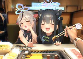 1boy 2girls animal_ear_fluff animal_ears artist_name black_hair black_streaks blue_archive blue_halo booth_seating bowl brown_eyes chinese_clothes chinese_commentary chopsticks closed_eyes clothing_cutout commentary_request diamond_cutout doodle_sensei_(blue_archive) extra_ears facing_viewer food food_request gradient_halo grey_hair hair_ornament halo hand_on_another's_face highres holding holding_chopsticks holding_with_chopsticks indoors kokona_(blue_archive) long_hair looking_at_viewer multicolored_hair multicolored_halo multiple_girls open_mouth photo_(medium) photo_background pov pov_hands purple_halo pushing_away raw_meat restaurant sensei_(blue_archive) short_sleeves shun_(blue_archive) shun_(small)_(blue_archive) siblings sisters sitting smile speech_bubble spoken_character streaked_hair striped_clothes table twintails two-tone_halo vertical-striped_clothes xiaofan2005 yakiniku