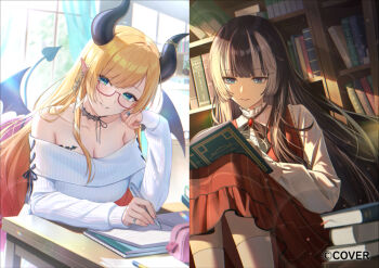 2girls aqua_eyes bare_shoulders black_hair black_horns black_ribbon blonde_hair blue_eyes blunt_bangs book book_stack bookshelf breast_tattoo breasts brooch choker cleavage commentary_request copyright_notice day demon_girl demon_horns demon_tail demon_wings dress earrings glasses gradient_hair grey_hair grin hair_ribbon hime_cut holding holding_book holding_pen hololive hololive_dev_is hoop_earrings horn_ornament horn_ring horns indoors jewelry juufuutei_raden knees_up lace lace_choker large_breasts long_hair long_sleeves looking_at_viewer multicolored_hair multiple_girls neck_ribbon off-shoulder_sweater off_shoulder official_art open_book pen pink_hair pointy_ears reading red_dress ribbon ring semi-rimless_eyewear shirt single_sidelock sitting smile socks split_screen straight_hair sweater swept_bangs tail tattoo tokisaka_makoto tress_ribbon two-tone_hair virtual_youtuber white_shirt white_socks white_sweater winged_heart winged_heart_tattoo wings yuzuki_choco