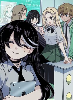 1boy 4girls :d absurdres black_choker black_hair black_necktie blonde_hair blue_streaks breasts brown_hair cellphone choker closed_eyes closed_mouth collared_shirt commentary cross cross_choker cross_earrings double-parted_bangs earrings english_commentary facing_viewer green_skirt grey_shirt hair_between_eyes highres holding holding_phone holding_tablet_pc jewelry long_hair medium_breasts multicolored_hair multiple_girls necktie open_mouth original phone ryuuxin sadie_(ryuuxin) selfie shirt short_hair short_sleeves skirt small_sweatdrop smartphone smile straight_hair streaked_hair tablet_pc