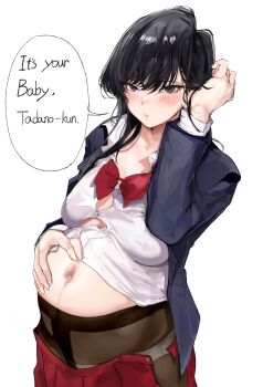 Rule 34 | 1girl, absurdres, black hair, blush, breasts, brown pantyhose, buttons, english text, eyelashes, grey eyes, hair between eyes, hand on own stomach, hand up, highres, jacket, komi-san wa komyushou desu, komi shouko, linea nigra, long hair, long sleeves, mamimi (mamamimi), maternity pantyhose, navel, panties, pantyhose, parted lips, pregnant, school uniform, shirt, solo, speech bubble, underwear, white shirt