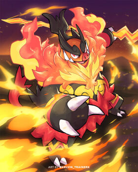 black_fur boar claws colored_skin emboar fangs fire flaming_weapon gen_5_pokemon highres holding holding_staff kelvin-trainerk looking_at_viewer mega_emboar mega_pokemon nintendo no_humans open_mouth orange_fur pokemon pokemon_(creature) pokemon_focus pokemon_legends:_z-a red_eyes sharp_teeth smile staff teeth tusks weapon