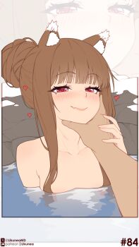 1girl absurdres animal_ears blush breasts brown_hair closed_mouth collarbone commentary completely_nude english_commentary fang hetero highres holo likunea medium_breasts nude onsen partially_submerged patreon_logo patreon_username red_eyes smile solo_focus spice_and_wolf twitter_username twitter_x_logo water wolf_ears wolf_girl zoom_layer