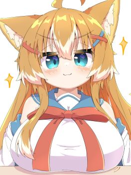 1girl ahoge animal_ear_fluff animal_ears bare_shoulders blue_sailor_collar breast_rest breasts breasts_on_table detached_sleeves dog_ears dog_girl hair_between_eyes hair_ornament hairclip haru_(toramaru2001710) highres large_breasts light_blush long_hair looking_at_viewer original sailor_collar shirt sidelocks solo sparkle toramaru2001710 white_background white_shirt white_sleeves