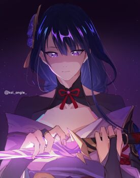 Rule 34 | 1girl, armor, artist name, blue pupils, blunt bangs, clothing cutout, collarbone, commentary, english commentary, genshin impact, glowing, glowing sword, glowing weapon, gradient hair, hair ornament, head tilt, highres, kai angie, katana, long hair, looking down, mole, mole under eye, multicolored eyes, multicolored hair, musou isshin (genshin impact), neck ribbon, off shoulder, purple background, purple eyes, purple hair, raiden shogun, red ribbon, ribbon, shaded face, shoulder armor, shoulder cutout, solo, sword, twitter username, upper body, weapon