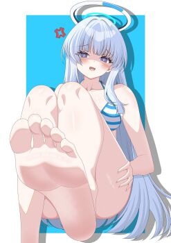 1girl anger_vein barefoot blue_archive blush breasts collarbone feet foot_focus foreshortening halo hazaky highres large_breasts long_hair looking_at_viewer mechanical_halo noa_(blue_archive) open_mouth presenting_foot purple_eyes soles solo swimsuit thighs toes white_hair white_halo