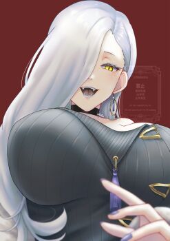 1girl bare_shoulders blue_lips breasts chi_wa choker cleavage dress earrings eyeliner fangs fate/grand_order fate_(series) grey_dress hair_over_one_eye highres hoop_earrings jacket jewelry large_breasts long_hair long_sleeves looking_at_viewer makeup mrs._snake_(fate) off_shoulder open_mouth smile solo sweater sweater_dress tassel white_hair white_jacket yellow_eyes