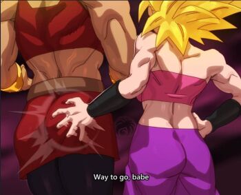 2girls ass ass_focus blonde_hair breasts caulifla dragon_ball dragon_ball_super english_text grabbing_another's_ass grabbing_from_behind groping kale_(dragon_ball) looking_back medium_breasts molestation multiple_girls muscular muscular_female saiyan size_difference super_saiyan third-party_edit yuri