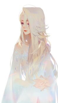 1girl closed_mouth collarbone dress elsa_(frozen) eyelashes female_focus frozen_(disney) frozen_2 holding_hands lips lipstick long_hair long_sleeves makeup mlcamaro own_hands_together shiny_clothes smile solo strapless strapless_dress third-party_source white_dress white_hair
