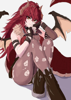 Rule 34 | 1girl, absurdres, black gloves, black nails, black shoes, closed mouth, commentary, dragon girl, dragon horns, dragon tail, gloves, highres, horns, indie virtual youtuber, long hair, looking at viewer, meibin, nail polish, pantyhose, ponytail, red hair, red shirt, shirt, shoes, smile, solo, tail, torn clothes, torn pantyhose, very long hair, virtual youtuber, yellow eyes, zentreya, zentreya (dragon), zentreya (dragon) (1st costume)