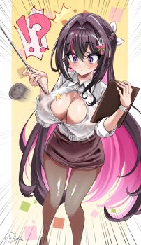 1girl accidental_exposure azki_(hololive) black_hair blush breasts bursting_breasts cleavage colored_inner_hair embarrassed flying_button hair_intakes highres hololive inokeiwd large_breasts long_hair mole mole_under_eye multicolored_hair pantyhose pink_hair popped_button purple_eyes shirt skirt solo streaked_hair teacher very_long_hair virtual_youtuber wardrobe_malfunction white_shirt