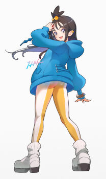 1girl :d absurdres ass blue_hoodie commentary_request cube_hair_ornament full_body grey_eyes hair_ornament highres holding holding_poke_ball hood hood_down hoodie itou_kazuki lida_(pokemon) looking_at_viewer nintendo open_mouth pants poke_ball poke_ball_(basic) pokemon pokemon_legends:_z-a shoes simple_background smile socks solo standing tight_clothes tight_pants topknot white_shoes white_socks