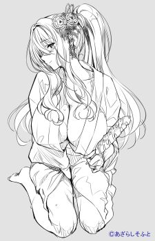 1girl amakano_2 barefoot blush breasts chocolate-covered_food chocolate_banana cleavage closed_mouth copyright_notice flower food full_body grey_background hair_flower hair_ornament high_ponytail highres holding holding_food huge_breasts kanzashi long_hair long_sidelocks looking_to_the_side piromizu ponytail profile seiza sidelocks sideways_glance simple_background sitting smile solo tsutamachi_chitose