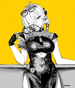 Rule 34 | 1girl, ahoge, arm rest, black dress, black gloves, breasts, china dress, chinese clothes, closed mouth, clothing cutout, commentary, covered navel, cowboy shot, cutout above navel, dress, eyewear on head, fingerless gloves, gloves, greyscale with colored background, hair over one eye, hand fan, hand up, head tilt, highres, holding, holding fan, large breasts, looking at viewer, monochrome, otimusyairoha, single fingerless glove, smile, solo, sunglasses, sweety (zenless zone zero), tinted eyewear, tuanshan, twitter username, underboob cutout, yellow background, zenless zone zero
