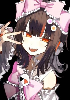 1girl black_hair blunt_bangs commentary headphones highres karaoke_manekineko mahou_shoujo_no_majo_saiban open_mouth orange_eyes rotroto sawatari_coco sharp_teeth slit_pupils solo teeth w