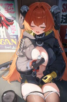 1girl absurdres asymmetrical_gloves black_gloves black_horns black_shrug black_thighhighs blush breasts center_opening cleavage dragon_girl dragon_horns dress fingerless_gloves gloves green_eyes hair_intakes hat highres hood hood_down hooded_shrug horns large_breasts long_hair long_sleeves magus_(zenless_zone_zero) mechanical_horns mechanical_tail mismatched_gloves navel no_bra o-ring o-ring_thigh_strap one_eye_closed open_mouth orange_hair orange_pupils orphie_magnusson puffy_long_sleeves puffy_sleeves shorts shrug_(clothing) single_fingerless_glove skindentation stomach sweat tail thick_thighs thigh_strap thighhighs thighs twintails unnunal_(unneonal) unworn_hat unworn_headwear unzipping very_long_hair wiping_sweat yellow_gloves yellow_shorts zenless_zone_zero zipper_dress zipper_pull_tab