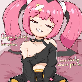 1girl bandaid bandaid_hair_ornament bed black_eyes black_shirt black_skirt calamity33 collarbone commentary coral_(pokemon) crop_top dithering english_commentary english_text fang flat_chest grin hair_ornament half-closed_eyes halterneck head_tilt jaggy_lines loli long_sleeves looking_at_viewer mesugaki midriff naughty_face navel nintendo nipples on_bed outline pillow pink_hair pokemon pokemon_(anime) pokemon_horizons shirt sitting skirt smile solo twintails wardrobe_malfunction white_outline