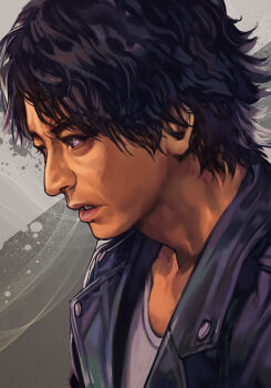 1boy black_eyes black_hair black_jacket from_side grey_background hungry_clicker jacket judge_eyes leather leather_jacket looking_to_the_side open_mouth parted_lips portrait realistic shirt short_hair simple_background solo upper_body white_shirt yagami_takayuki