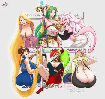 6+girls acrylictoon android_21 ass asymmetrical_gloves blonde_hair blue_eyes blush bracelet breasts brown_eyes brown_hair capcom cellphone chameleon chun-li cleavage colored_skin crossover demencia detached_sleeves disney double_bun dragon_ball earrings fingerless_gloves gigantic_breasts gloves grabbing_another&#039;s_breast green_eyes green_hair groping hair_bun harem_outfit hat heart heart-shaped_pupils highres horns huge_breasts jewelry kid_icarus kobayashi-san_chi_no_maidragon large_breasts long_hair looking_at_viewer lucoa_(maidragon) majin_android_21 matching_hair/eyes multicolored_hair multiple_drawing_challenge multiple_girls nintendo palutena pascal_(tangled) phone pink_skin pointy_ears rapunzel_(disney) red_hair sharp_toenails six_fanarts_challenge staff strapless street_fighter symbol-shaped_pupils tail tangled toenails tongue tube_top two-tone_hair unzipped very_long_hair villainous white_hair yellow_eyes