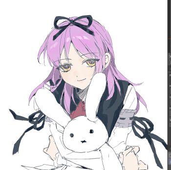 Rule 34 | 1girl, ascot, asprosgy, black ribbon, commentary, curtained hair, eiyuu densetsu, gothic lolita, hair between eyes, hair ribbon, highres, light smile, lolita fashion, looking at viewer, necktie, parted bangs, plaid clothes, plaid necktie, purple hair, red ascot, renne (eiyuu densetsu), ribbon, simple background, sora no kiseki, stuffed animal, stuffed rabbit, stuffed toy, symbol-only commentary, yellow eyes