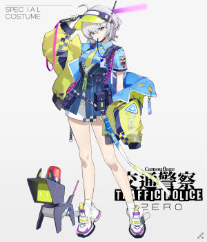 1girl absurdres adcd alternate_costume blue_overalls blue_shirt closed_mouth commentary_request female_esper_zero_(nte) gloves grey_eyes grey_hair highres holding_baton jacket looking_at_viewer mouth_hold neverness_to_everness overalls shirt short_hair solo white_gloves yellow_jacket